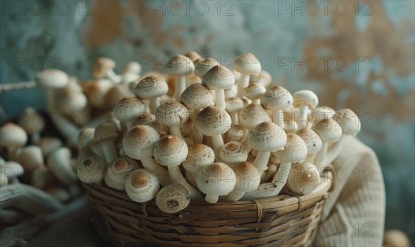 Bunch of white shimeji mushrooms in a wicker basket on a wooden table. Selective focus. AI generated