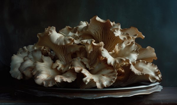 Oyster mushrooms on a dark background. Close-up. AI generated
