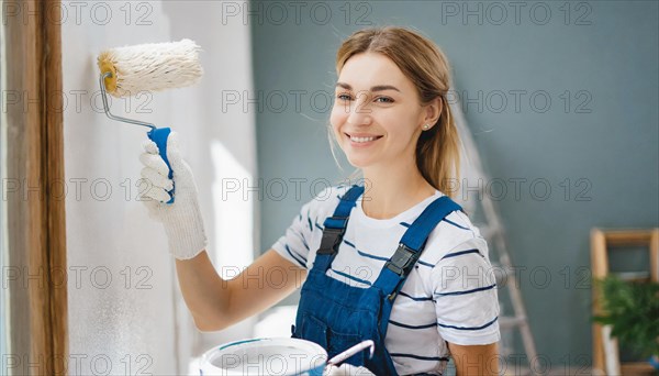 AI generated, woman, woman, a young girl paints a wall with new paint, white, whiter, white, renovation of old flat, paint roller, ladder, paint, 20, 25, years, a, a person, daughter, student, pastime, family, girl, smiling, smiling, fun at work, laughing, laughing, laughing, dungarees, jeans