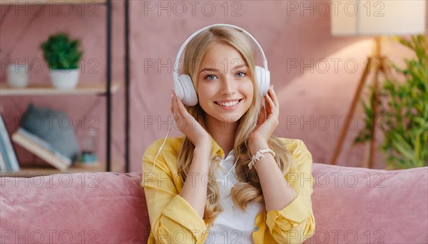 AI generated, human, humans, person, persons, woman, woman, girls, 20, 25, years, one person, interior shot, sitting on the sofa and listening to music with headphones, relaxed, relaxed, white headphones, beautiful teeth, beautiful eyes, smiling, happy