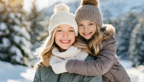 AI generated, human, humans, person, persons, woman, woman, child, children, two persons, mother and daughter hugging, embrace, looking forward to each other, enjoying the snow, laughing, smiling, outdoor shot, ice, snow, winter, seasons, cap, bobble hat, gloves, winter jacket, cold, coldness