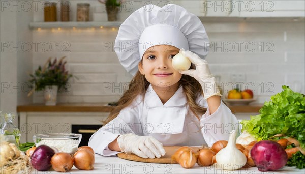 AI generated, human, humans, person, persons, child, children, 8 year old girl cutting onions in a white kitchen, chef hat, smock, cute, cute, beautiful eyes, beautiful teeth, cook, cook, kitchen table, vegetables, onions, garlic