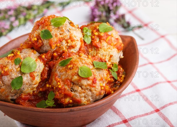 Pork meatballs with tomato sauce, oregano leaves, spices and herbs in clay bowl on a white wooden background with linen textile. side view, close up, selective focus