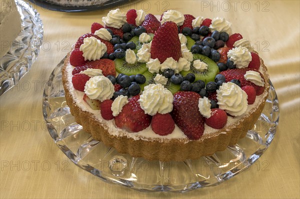 Fruit tart with strawberries, kiwi and blueberries, Bavaria, Germany, Europe