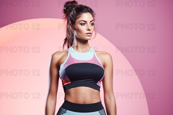 Young athletic woman with sport clothes in front of pink studio background. KI generiert, generiert AI generated