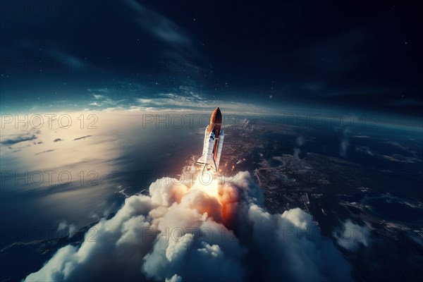 Aerial view of a rocket shuttle carrier launch at sunrise over an ocean coast. The rocket is blasting off with a trail of smoke and flames behind it, AI generated