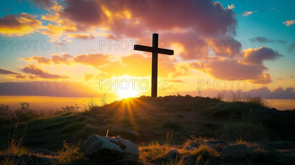 Easter concept cross on Golgotha Calvary hill against a dramatic sunset, AI generated