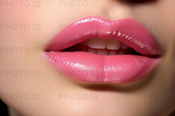 Close up of woman's lips with pink lipstick. KI generiert, generiert AI generated