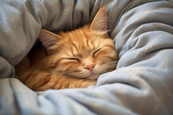 Domestic ginger cat sleeping in cozy pet bed. KI generiert, generiert AI generated