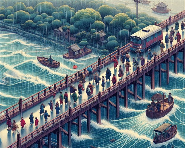 Calm scene of people in traditional attire walking with umbrellas on a bridge over a river while raining, ukiyo-e print style, AI generated