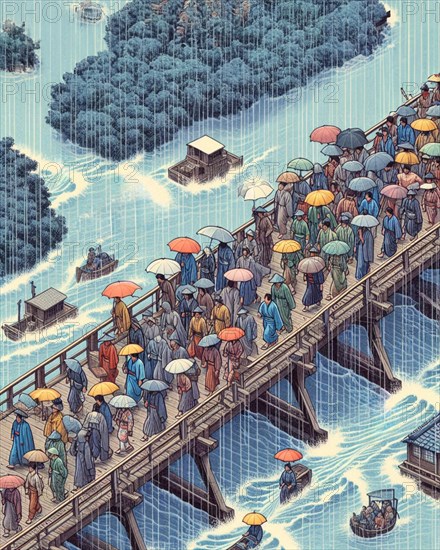 People traverse a bridge with umbrellas amidst rain with electricity in the air and a boat below, ukiyo-e japanese printed art style, AI generated