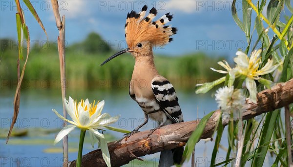 KI generated, animal, animals, bird, birds, biotope, habitat, a, individual, water, reeds, water lilies, blue sky, foraging, wildlife, hoopoe (Upupa epops), treehoppers, summer, flowers