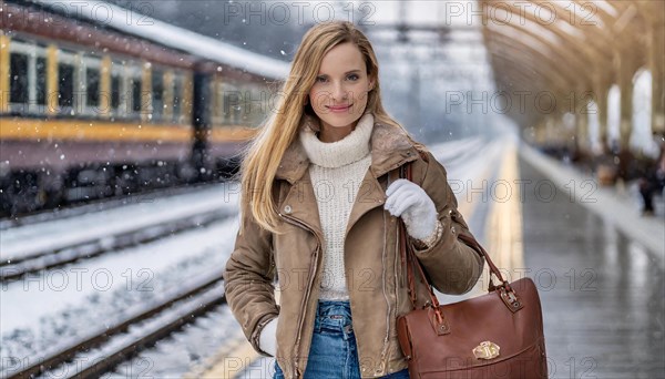 AI generated, A young blonde woman wants to travel and waits for the train at the station, 20, 25, blonde, blond, blonde, modern, modern, handbag, leather jacket, boots, sexy, attractive, attractive, long-haired, transport, traffic