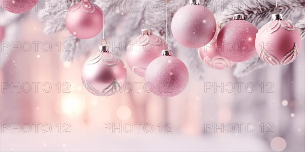 Pink Christmas tree baubles on white tree branches. KI generiert, generiert AI generated