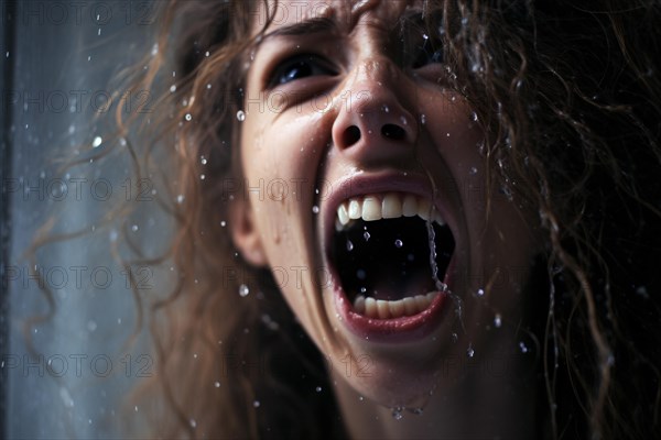 Desperate screaming woman win rain. KI generiert, generiert AI generated