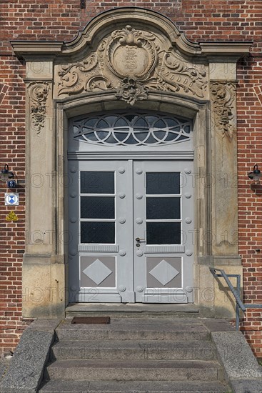 Entrance portal of the former Plueschow Castle, built in 1763, today a cultural centre, Am Park 6, Plueschow, Mecklenburg-Vorpommern, Germany, Europe