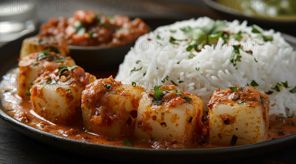 Cubed paneer in a tomato-based spicy sauce alongside basmati rice on a plate with a bowl on side, ai generated, AI generated