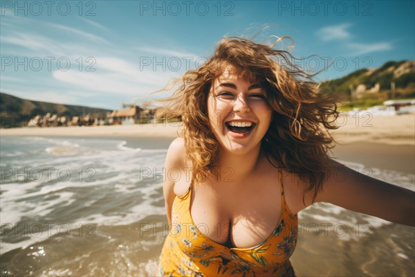 Laughing happy curvy plus size woman in swimwear at beach, AI generated