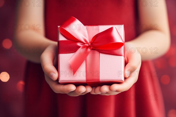Small child holding pink gift box. Mother's day concept. KI generiert, generiert AI generated