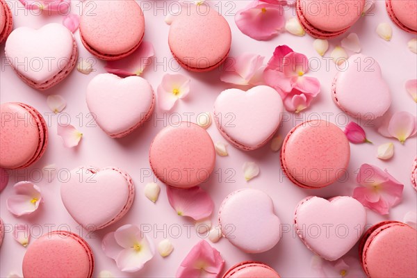 Top view of pink round and heart shaped French macaron sweets. KI generiert, generiert AI generated