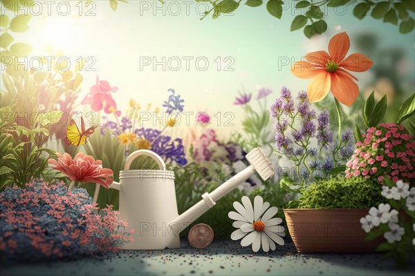 Gardening tools and a variety of plants and flowers creating a tranquil scene, Spring garden background illustration, generated ai, AI generated