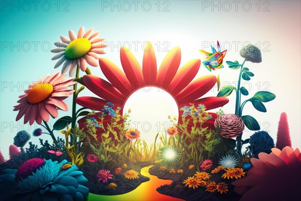Abstract 3D garden illustration with vibrant flowers bathed in sunset colors, Spring garden background illustration, generated ai, AI generated