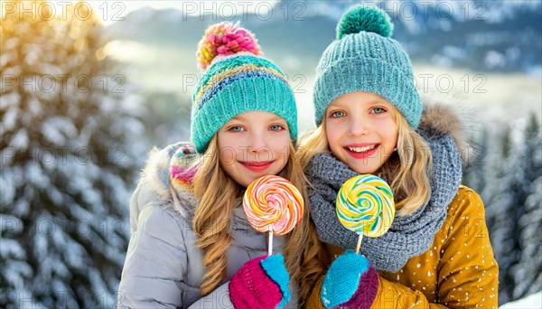 AI generated, Two little girls are happy about a lolly, lollipop, human, people, person, persons, child, children, 10, years, two, outdoor, ice, snow, winter, seasons, eats, eating, hat, bobble hat, gloves, winter jacket, cold, coldness