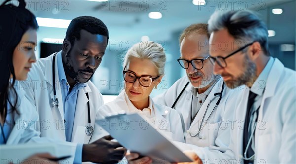 Diverse medical team cooperating on a task during a night shift, focused on documents, ai generated, AI generated