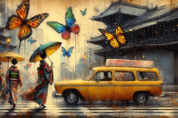 Female Pedestrians traditionally dressed with kimono with umbrellas and parasol, a yellow taxi captured in a rainy street scene, japanese themed shunga style based, AI Generated, AI generated