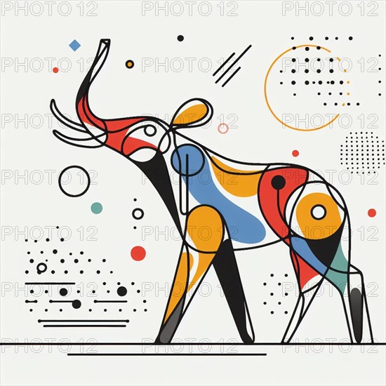 Abstract geometric illustration of an elephant in bold colors and shapes, continuous line art, creature is stylized and simplified to the most basic geometric forms, exaggerated features, adorned with splashes of primary colors, clean white solid background, with subtle geometric shapes and thin, straight lines that intersect with dotted nodes and overlap the figures. The overall aesthetic is modern and contemporary, AI generated