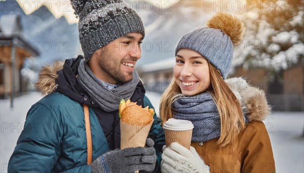 AI generated, human, humans, person, persons, man, woman, woman, two persons, 25, 30, years, couple, outdoor, ice, snow, winter, seasons, eats, eating, hat, bobble hat, gloves, winter jacket, cold, cold, burger, hamburger