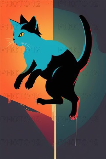 Graphic illustration of a cat against a split gradient background, minimalist vintage design muted faded, bright background, AI Generated, AI generated
