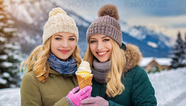 AI generated, human, humans, person, persons, woman, woman, child, 20, 25, years, two persons, outdoor, ice, snow, winter, seasons, eats, eating, waffle ice cream, waffle, Italian ice cream, cap, bobble hat, gloves, winter jacket, cold, coldness