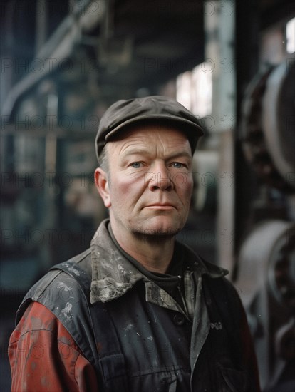 Portrait of a 55-year-old factory worker, dressed in a worn uniform, AI generated