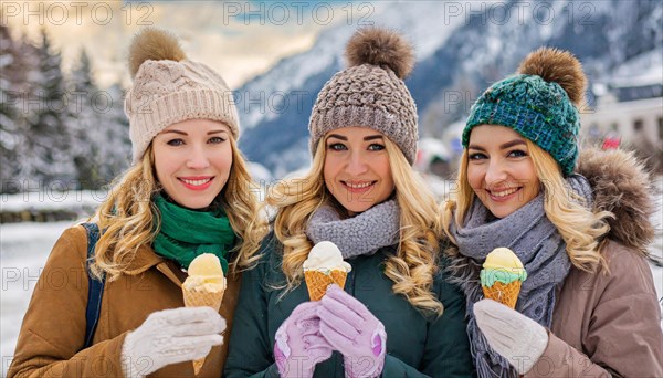 AI generated, human, humans, person, persons, woman, woman, three, 20, 25, years, outdoor, ice, snow, winter, seasons, eats, eating, ice cream, waffle ice cream, waffle, Italian ice cream, cap, bobble hat, gloves, winter jacket, cold, coldness