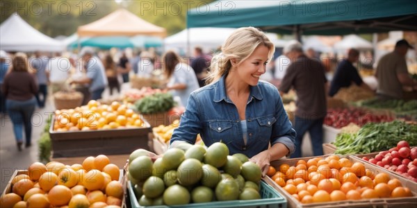 Woman shopping at a farmer's market with fresh fruits and vegetables on display, AI generated