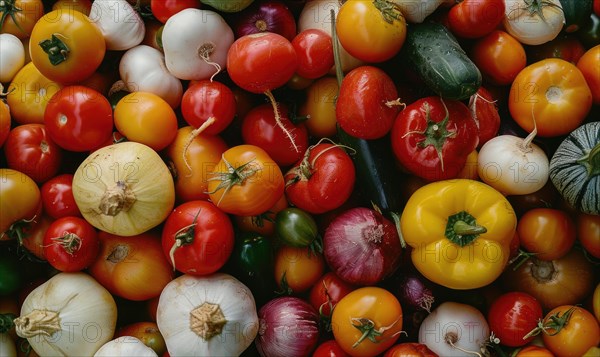 Background of fresh tomatoes and onions, top view, close-up. AI generated