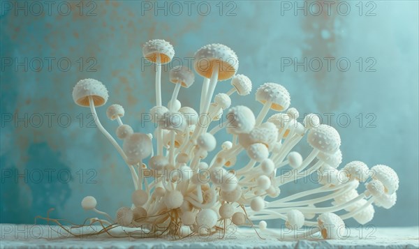 White shimeji mushrooms in a vase on a blue background. AI generated