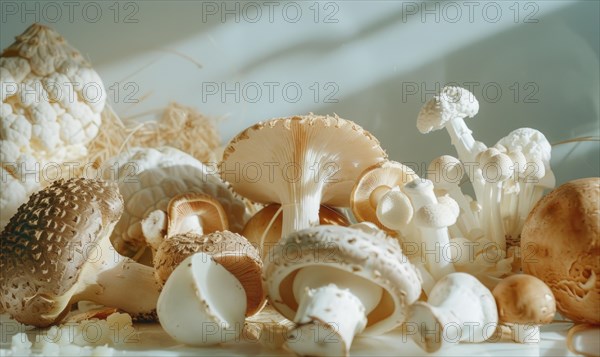 Mushrooms on a white background. Shallow depth of field. AI generated