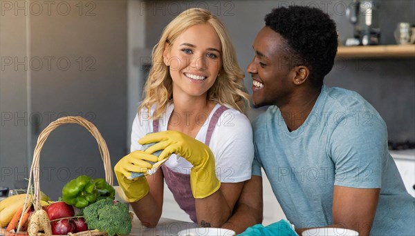 AI generated, woman, woman, man, men, 30, 35, blonde, blond, blonde, kitchen, sink, kitchen table, dishes, washing up, washing up, plates, cups, glasses, dishcloth, gloves, cleaning, water, polishing cloth, polishing, clean, cleanliness, housewife, mother, family, two people, an African