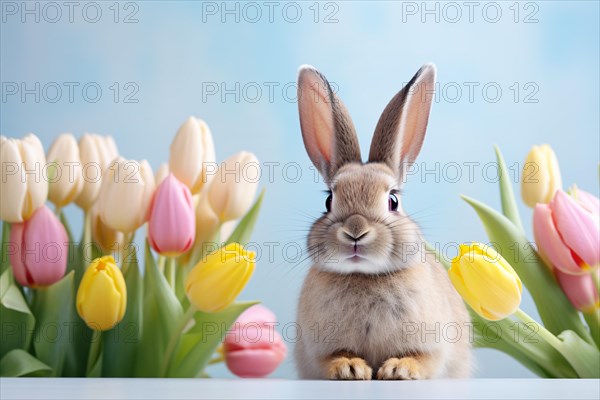 Bunny surrounded by colorful tulip spring flowers. KI generiert, generiert AI generated