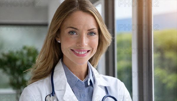 AI generated, A young pharmacist in her pharmacy, portrait, 30, 35, years, female, blonde, blond, blonde, beautiful teeth, smiles, long hair, profession, professions, medicines in the background