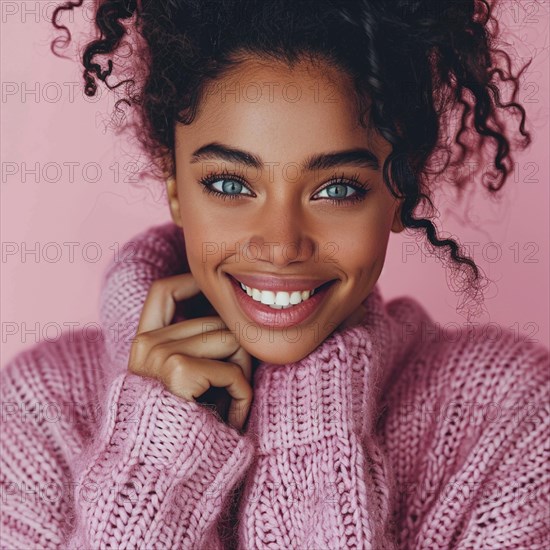 Portrait of a happy woman standing in front of a colored background with a trendy sweater smiling, AI generated