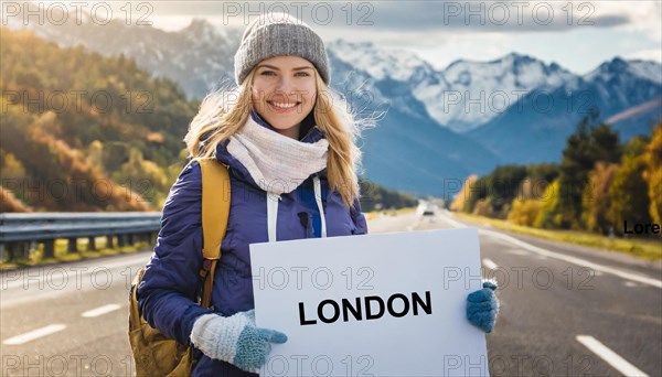 AI generated, human, humans, person, persons, woman, woman, one person, 20, 25, years, outdoor, seasons, cap, bobble hat, gloves, winter jacket, cold, cold, backpack, woman wants to travel, hitchhiking, hitchhiking, hitchhiking, road, motorway, sign saying London