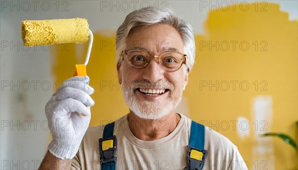 AI generated, man, men, a painter paints a wall with new yellow paint, father, renovation of old flat, paint roller, ladder, yellow, paint, 65, years, a, person, occupation, occupations, pastime, family, senior, seniors, smiling, smiling, fun at work, laughing, laughing, laughing