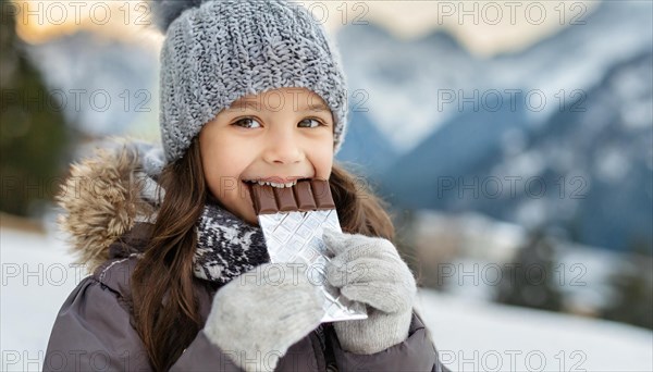 KI generated, Young girl, 10, years, eating a bar of chocolate, one person, outdoor shot, ice, snow, winter, seasons, eating, eating, hat, bobble hat, gloves, winter jacket, cold, coldness