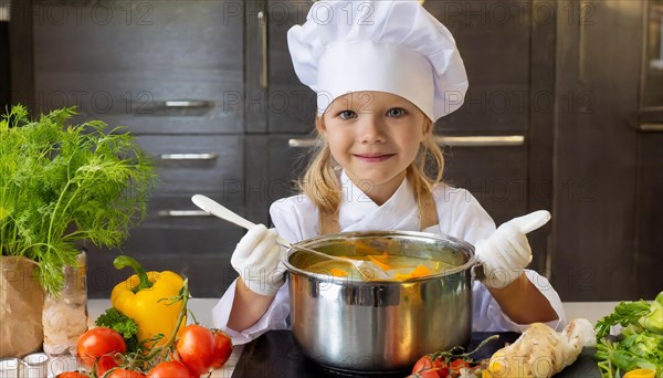 AI generated, human, humans, person, persons, child, children, 8 year old girl cooking a vegetable soup in a white kitchen, chef's hat, smock, cute, cute, cute, beautiful eyes, beautiful teeth, cook, cook, kitchen table, vegetables, onions, garlic