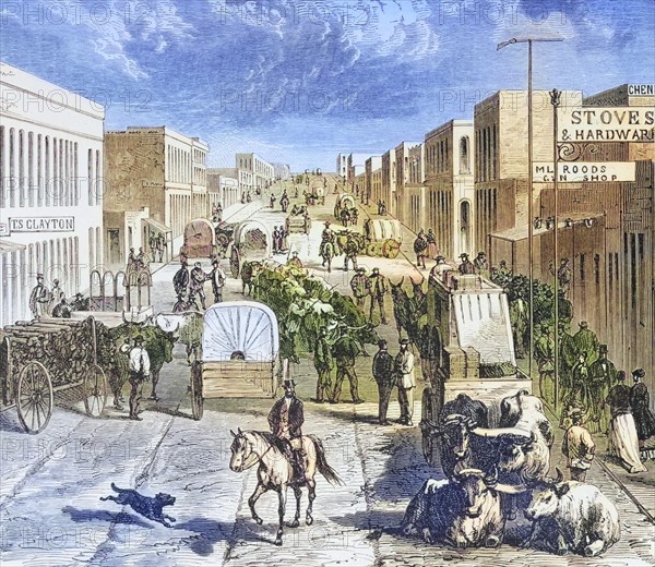 Street in Denver Colorado in the 1870s. From American Pictures Drawn With Pen And Pencil by Rev Samuel Manning c. 1880, United States, America, Historic, digitally restored reproduction from a 19th century original, Record date not stated, North America
