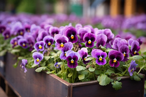 Beautiful purple Pansies spring flowers in flower box. KI generiert, generiert AI generated