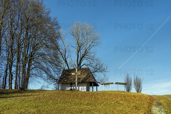 Chapel and wooden cross on the Buchenberg, Buchenberg, Allgaeu, Bavaria, Germany, Europe